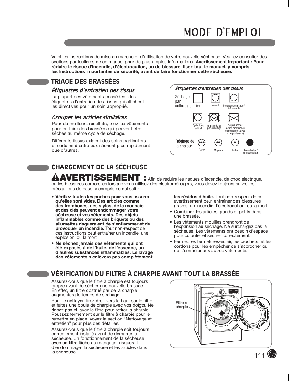 Wavertissement, Chargement de la sécheuse, Triage des brassées | LG DLEX2801L User Manual | Page 111 / 132