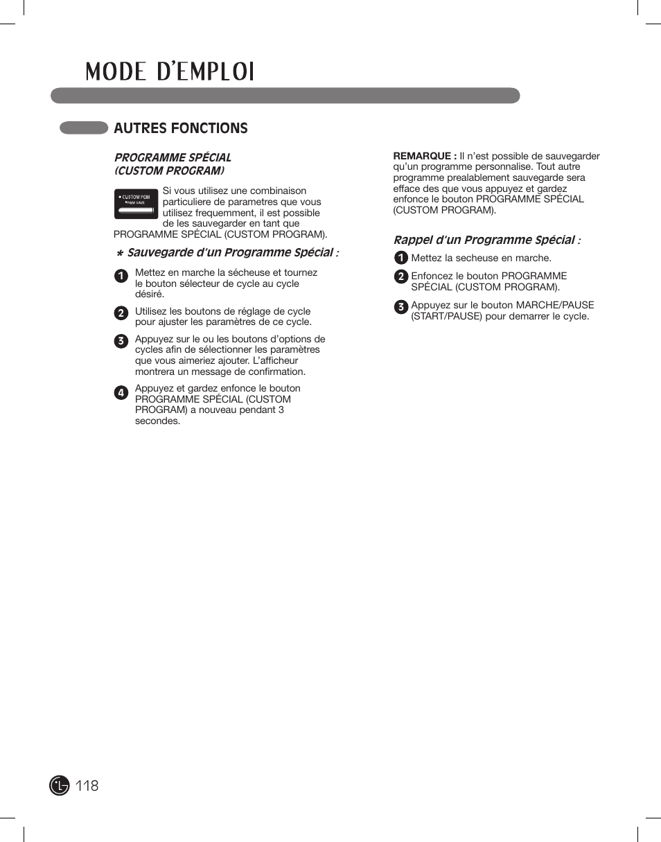 Autres fonctions | LG DLEX2801L User Manual | Page 118 / 132