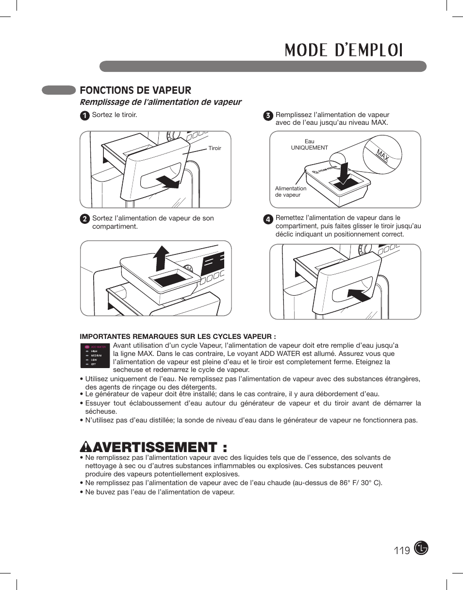 Wavertissement, Fonctions de vapeur | LG DLEX2801L User Manual | Page 119 / 132