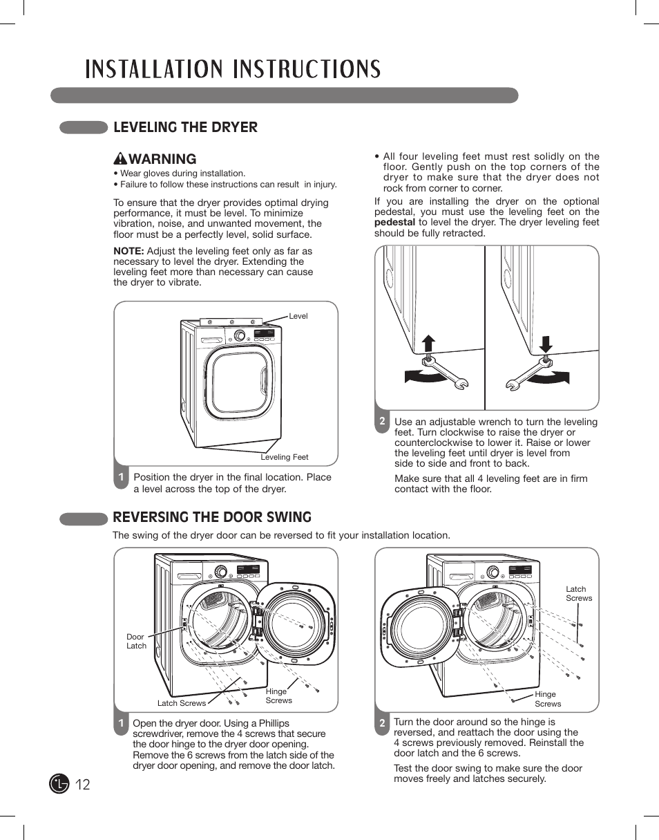 Leveling the dryer, Reversing the door swing, Warning | LG DLEX2801L User Manual | Page 12 / 132