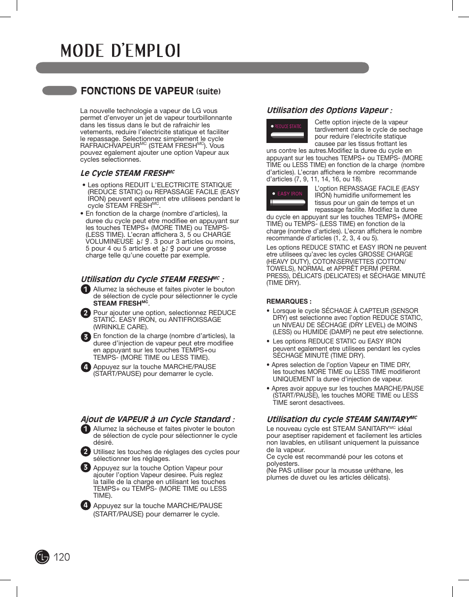 Fonctions de vapeur | LG DLEX2801L User Manual | Page 120 / 132