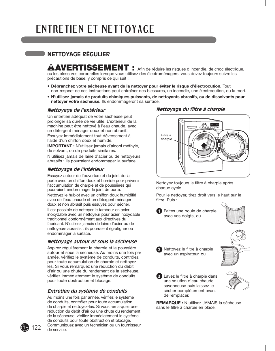 Wavertissement, Nettoyage régulier | LG DLEX2801L User Manual | Page 122 / 132