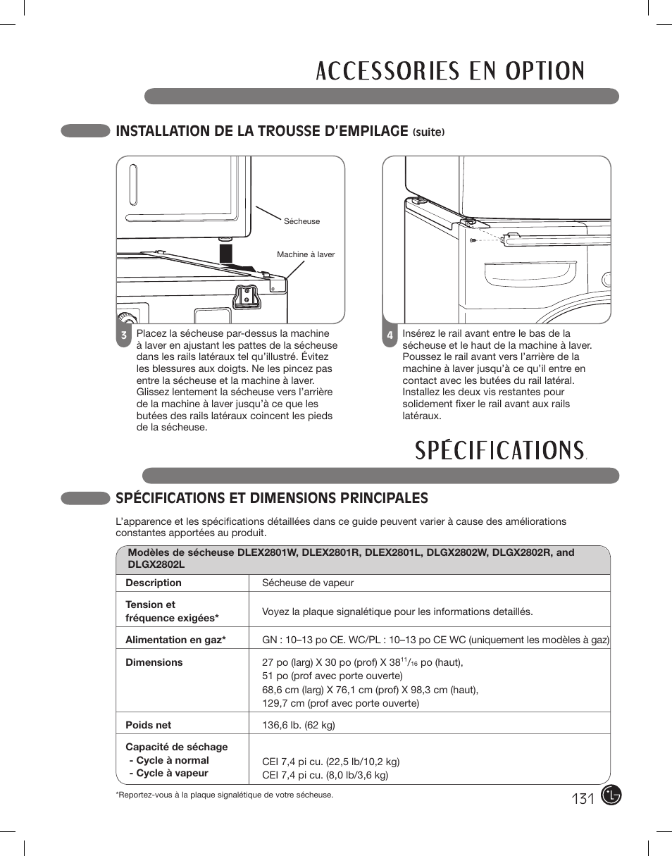 Spécifications et dimensions principales, Installation de la trousse d’empilage | LG DLEX2801L User Manual | Page 131 / 132