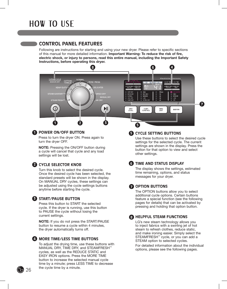Control panel features | LG DLEX2801L User Manual | Page 26 / 132