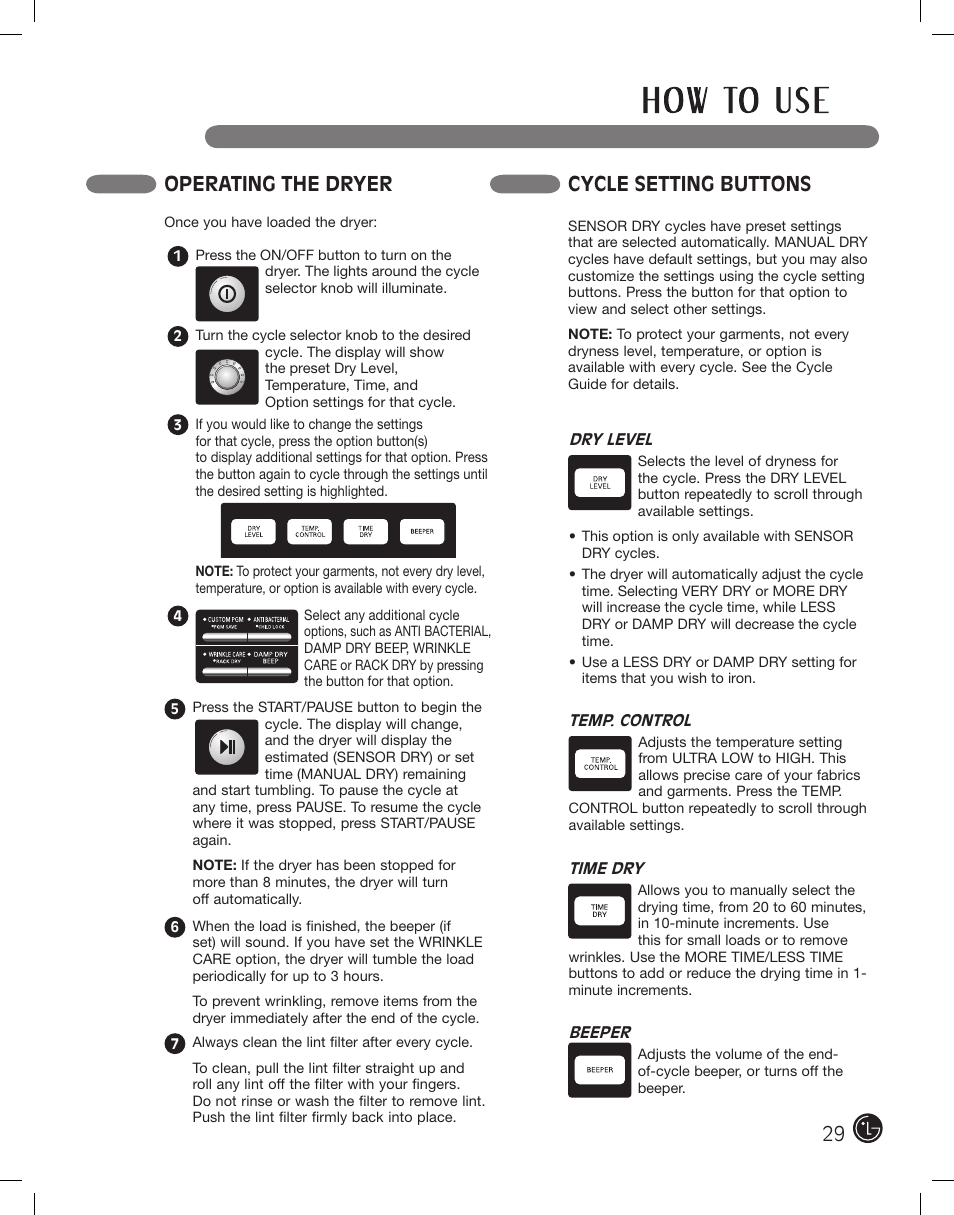 Cycle setting buttons, Operating the dryer | LG DLEX2801L User Manual | Page 29 / 132