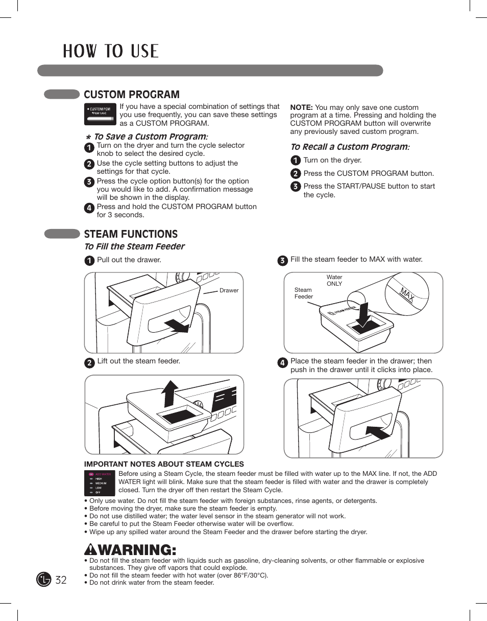 Wwarning, Custom program, Steam functions | LG DLEX2801L User Manual | Page 32 / 132