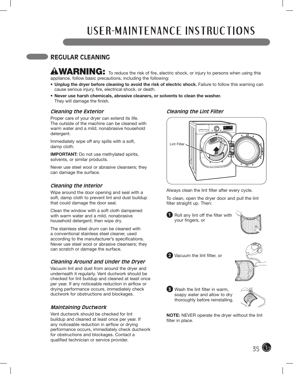 Wwarning, Regular cleaning | LG DLEX2801L User Manual | Page 35 / 132
