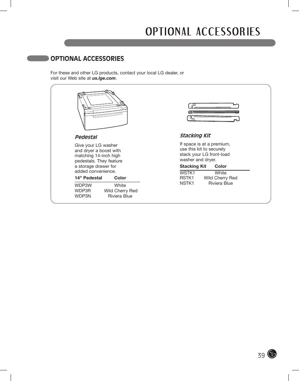 Optional accessories | LG DLEX2801L User Manual | Page 39 / 132