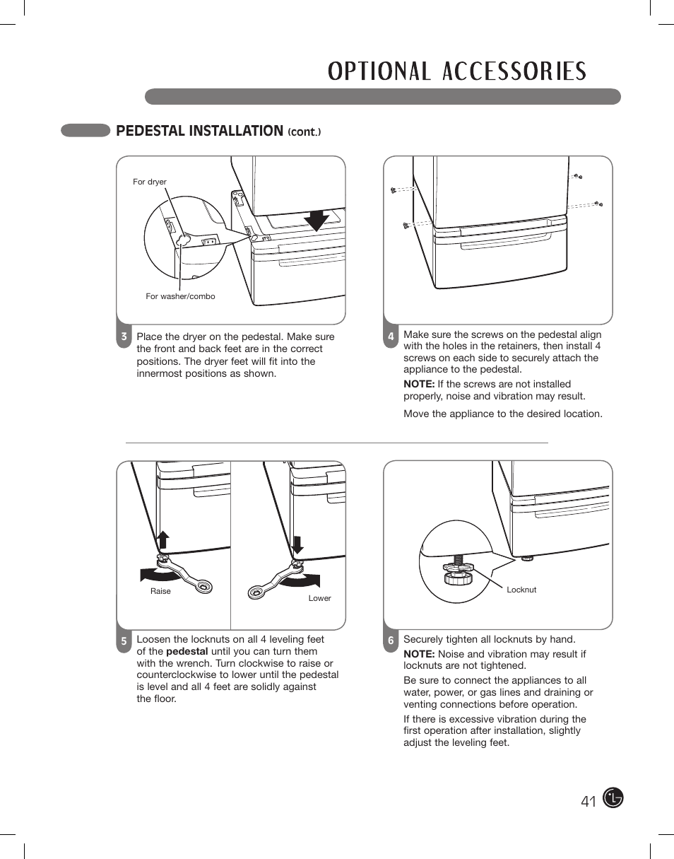 Pedestal installation | LG DLEX2801L User Manual | Page 41 / 132
