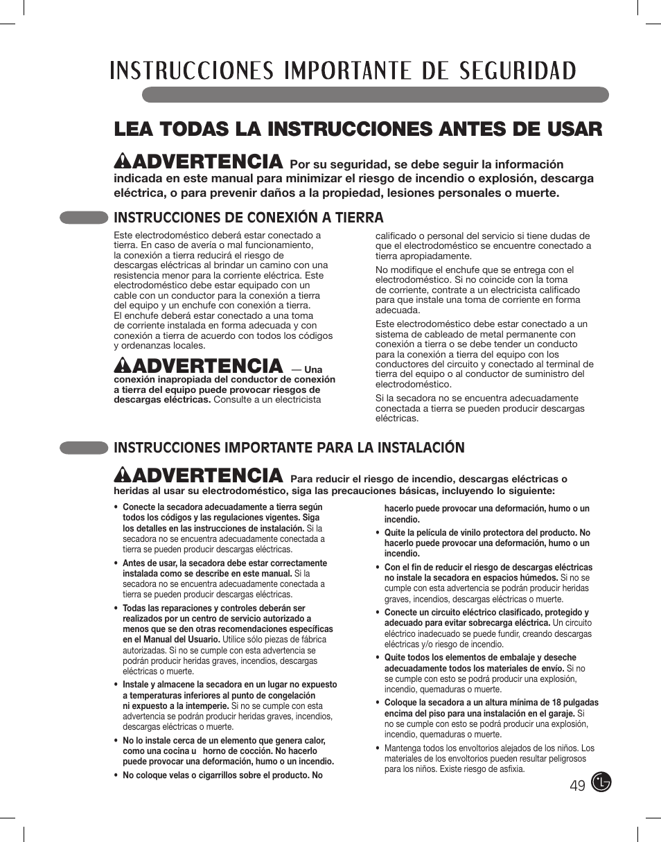 Lea todas la instrucciones antes de usar, Wadvertencia, Instrucciones de conexión a tierra | Instrucciones importante para la instalación | LG DLEX2801L User Manual | Page 49 / 132
