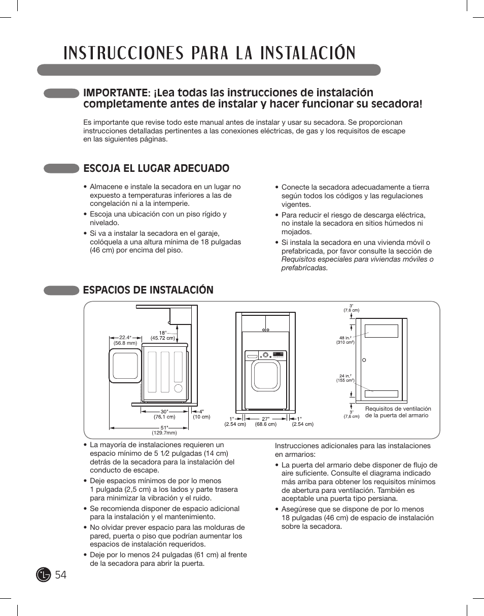 Escoja el lugar adecuado, Espacios de instalación | LG DLEX2801L User Manual | Page 54 / 132