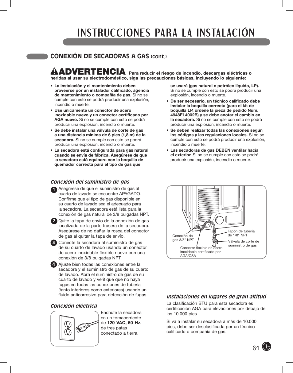 Wadvertencia, Conexión de secadoras a gas | LG DLEX2801L User Manual | Page 61 / 132