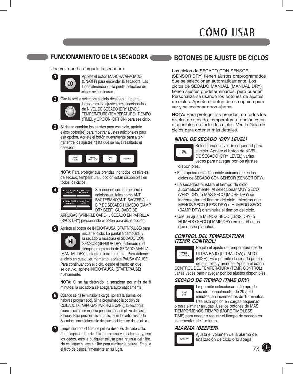 Botones de ajuste de ciclos, Funcionamiento de la secadora | LG DLEX2801L User Manual | Page 73 / 132