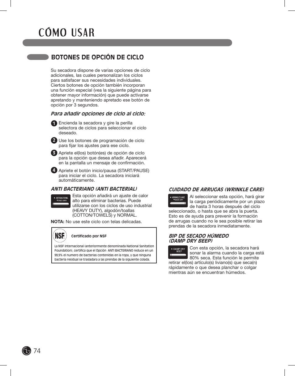 Botones de opción de ciclo | LG DLEX2801L User Manual | Page 74 / 132