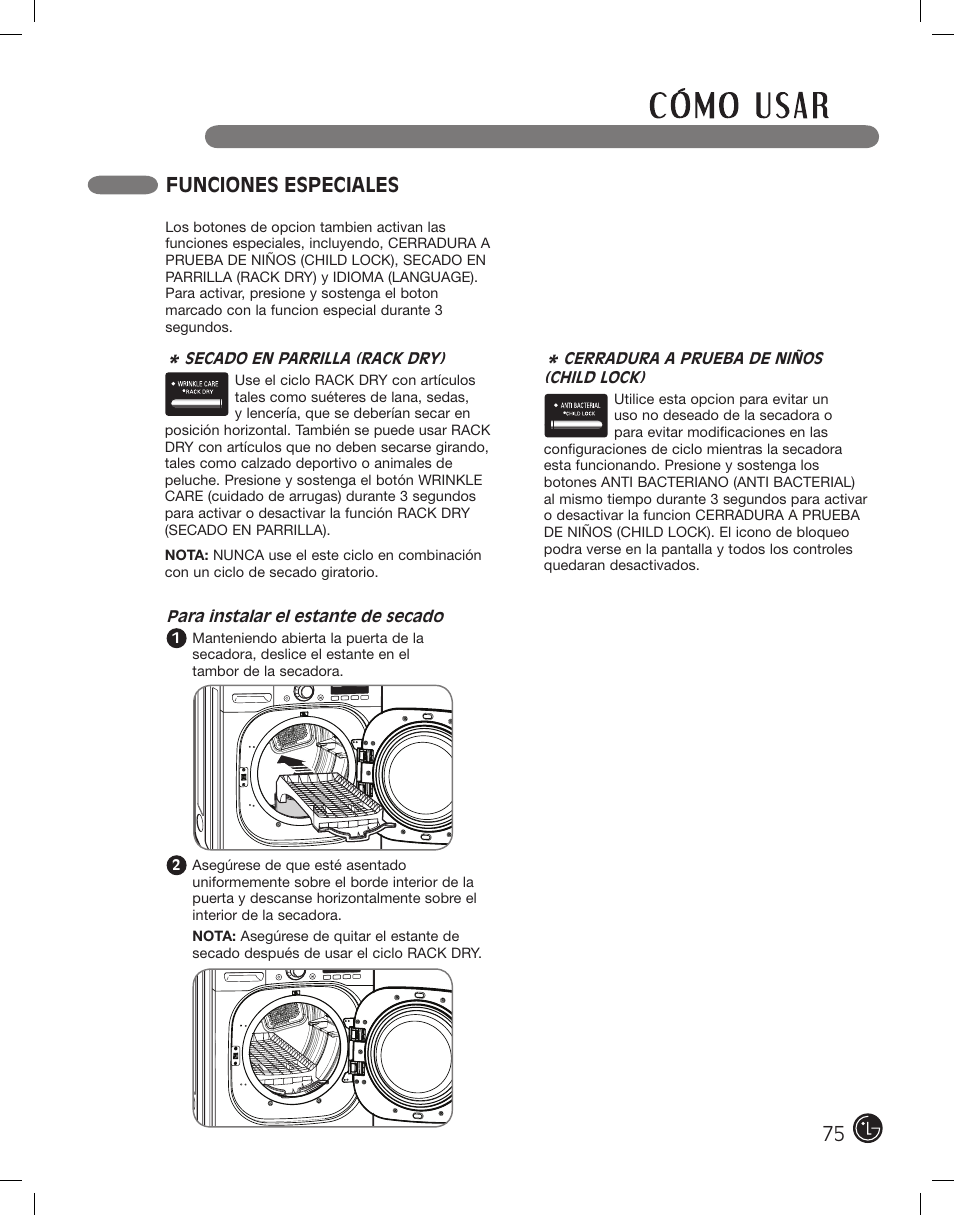 Funciones especiales | LG DLEX2801L User Manual | Page 75 / 132