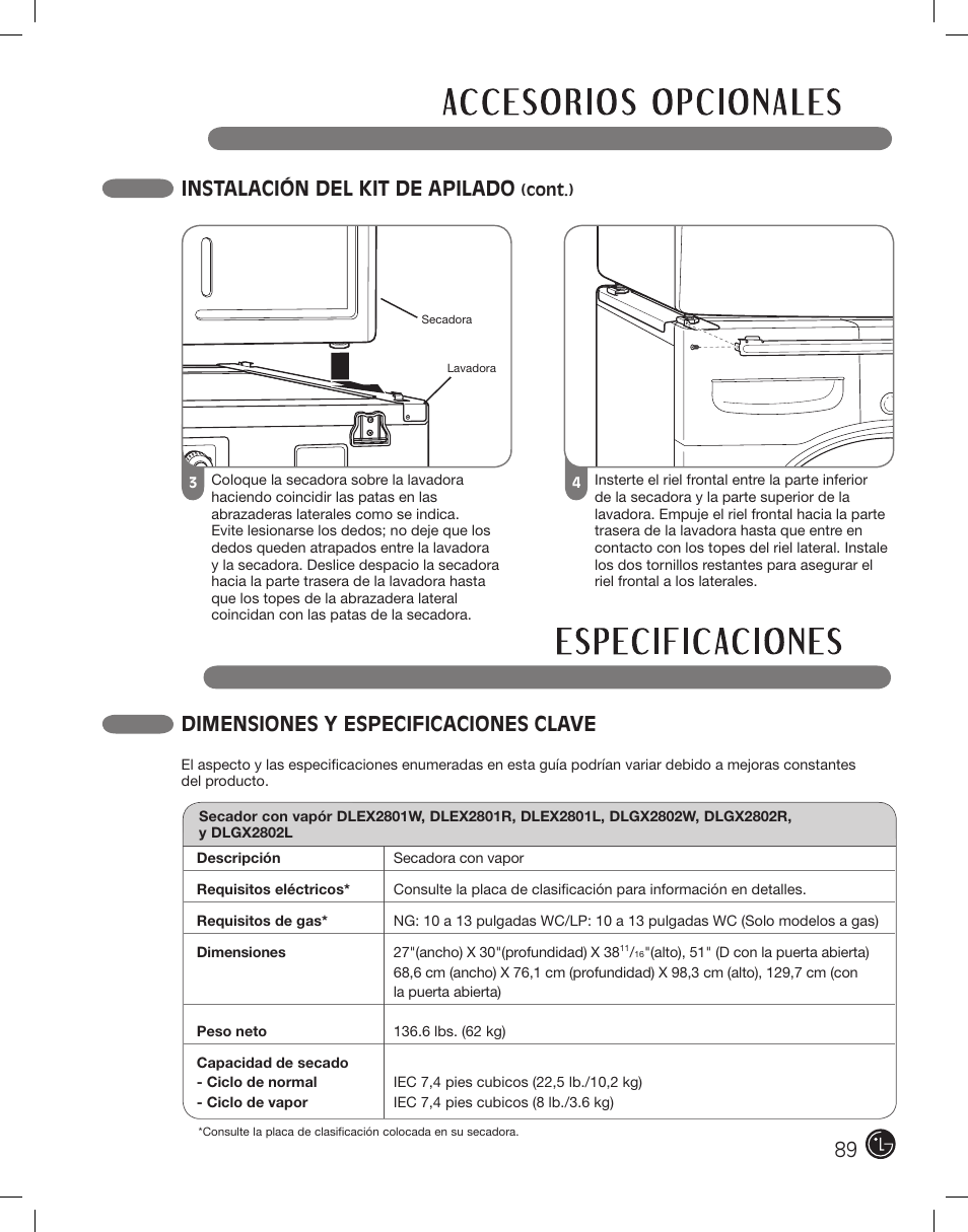 Instalación del kit de apilado, Dimensiones y especificaciones clave | LG DLEX2801L User Manual | Page 89 / 132