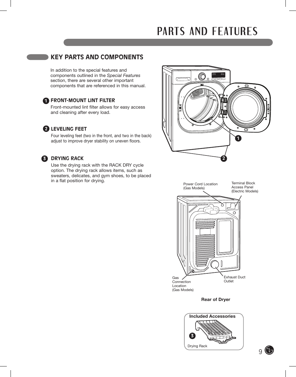 Key parts and components | LG DLEX2801L User Manual | Page 9 / 132