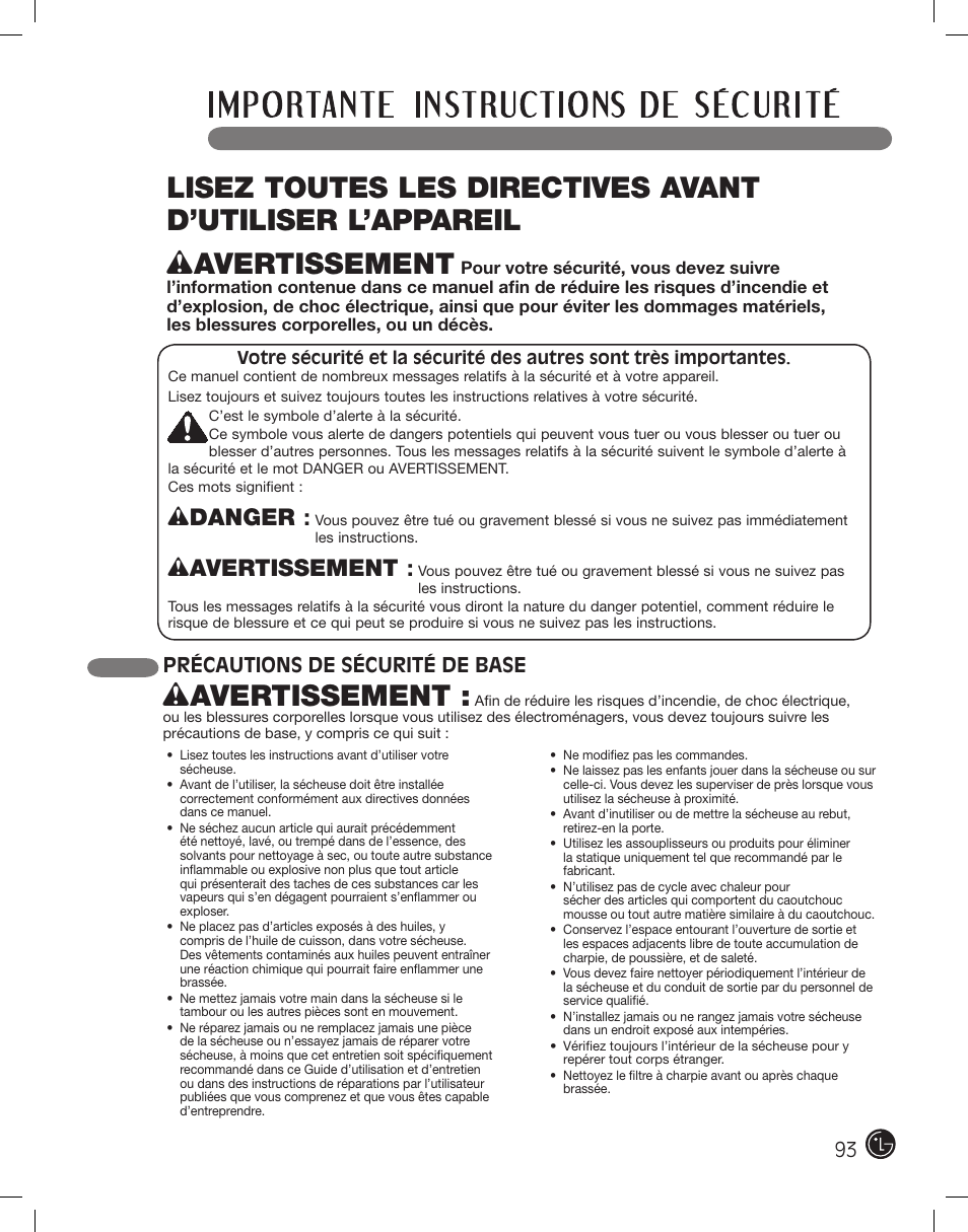 Wavertissement, Wdanger, Précautions de sécurité de base | LG DLEX2801L User Manual | Page 93 / 132