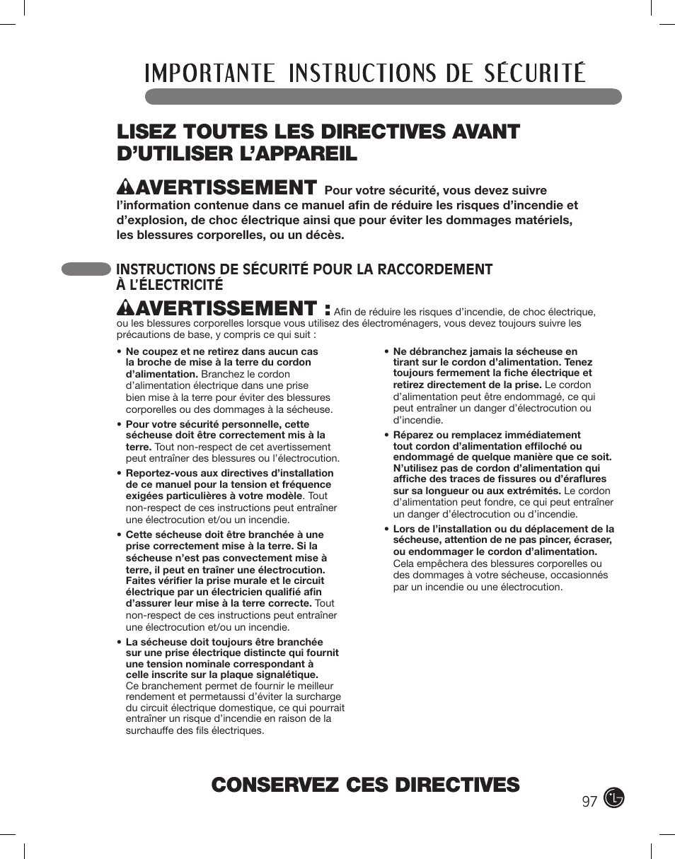 Conservez ces directives, Wavertissement | LG DLEX2801L User Manual | Page 97 / 132