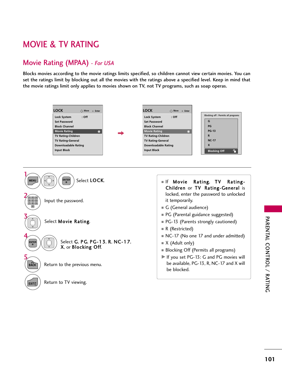 Movie & tv rating, Movie rating (mpaa) - for usa, Movie rating (mpaa) | For usa, Parent al contr ol / r ating | LG 19LD350 User Manual | Page 101 / 134