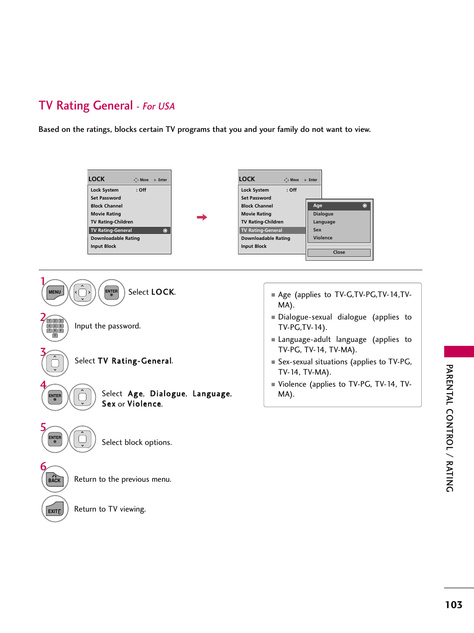 Tv rating general - for usa, Tv rating general, For usa | Parent al contr ol / r ating | LG 19LD350 User Manual | Page 103 / 134