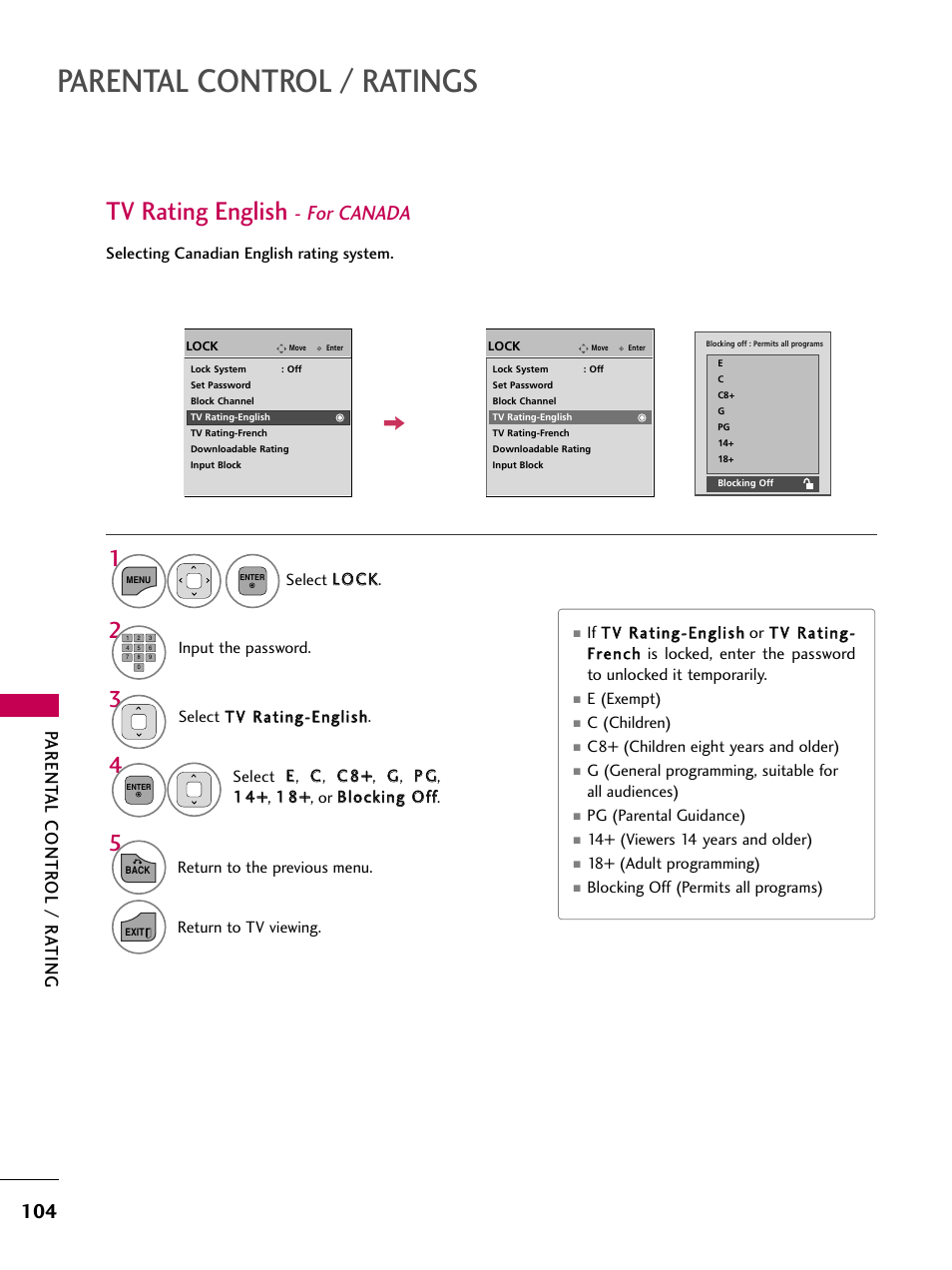 Tv rating english - for canada, Parental control / ratings, Tv rating english | For canada, Parent al contr ol / r ating | LG 19LD350 User Manual | Page 104 / 134