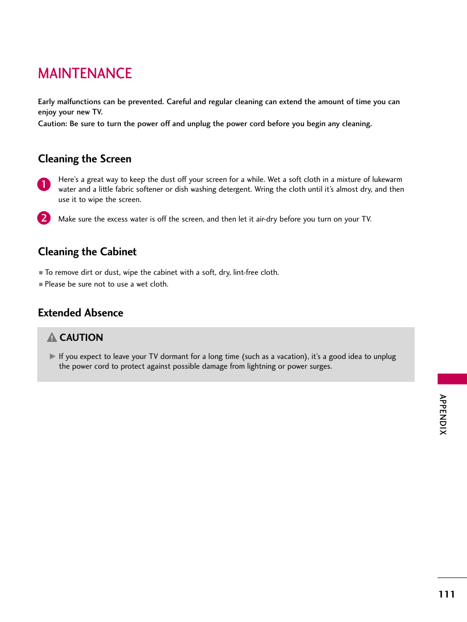 Maintenance, Cleaning the screen, Cleaning the cabinet | Extended absence | LG 19LD350 User Manual | Page 111 / 134