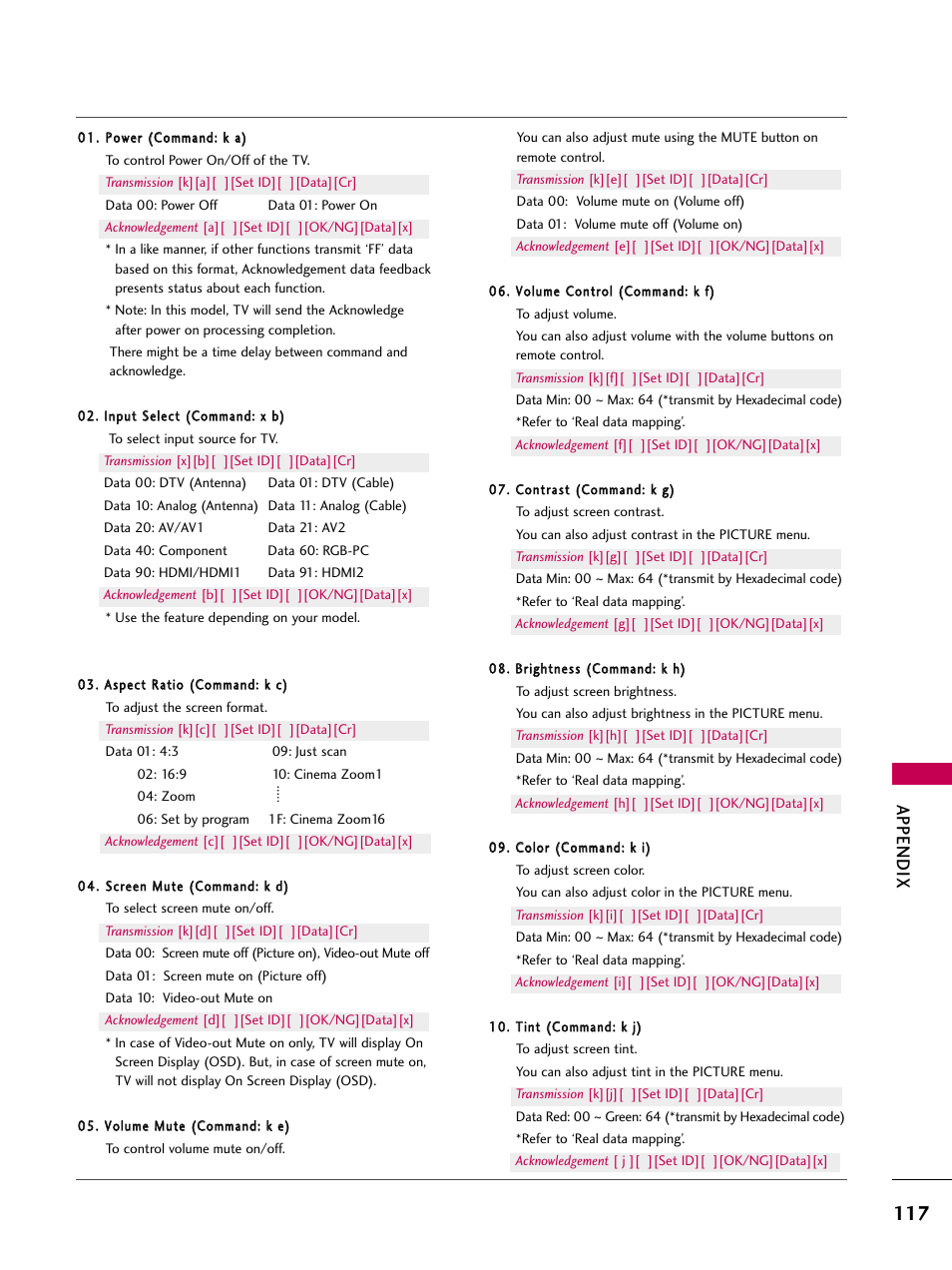 Appendix | LG 19LD350 User Manual | Page 117 / 134