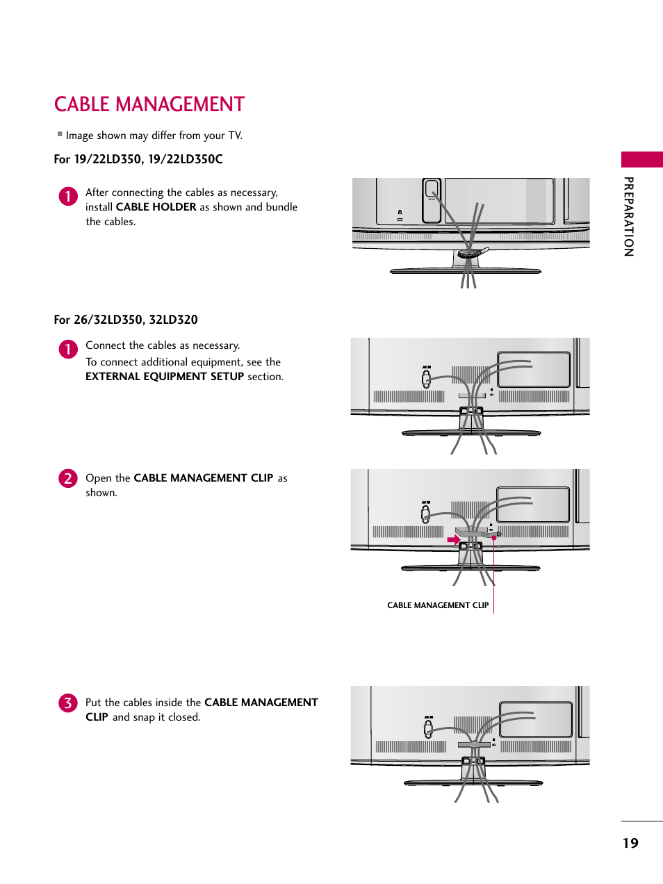 Cable management, Prep ar ation, Image shown may differ from your tv | LG 19LD350 User Manual | Page 19 / 134