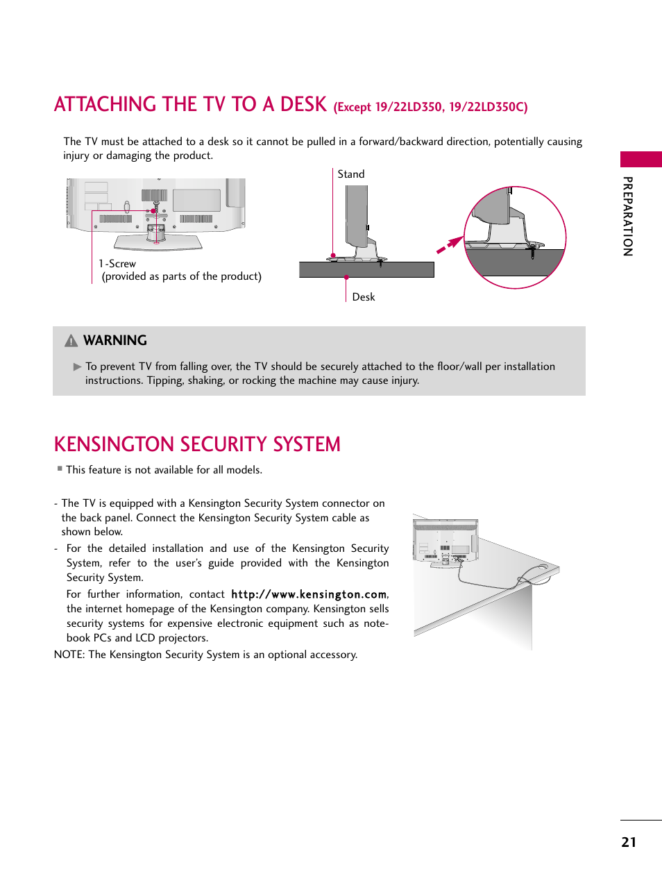 Kensington security system, Attaching the tv to a desk, Warning | LG 19LD350 User Manual | Page 21 / 134