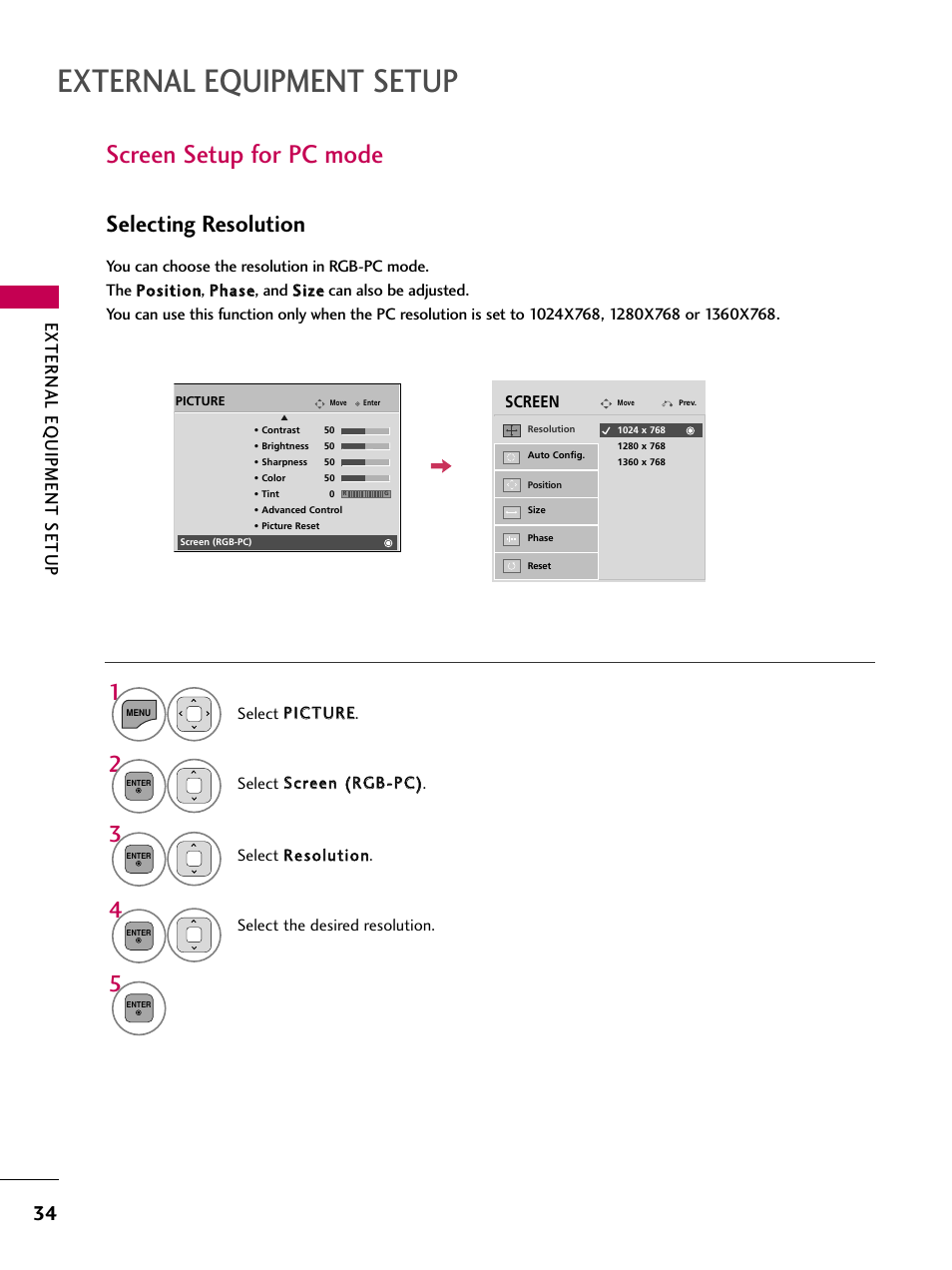 Screen setup for pc mode, External equipment setup, Selecting resolution | External eq uipment setup | LG 19LD350 User Manual | Page 34 / 134