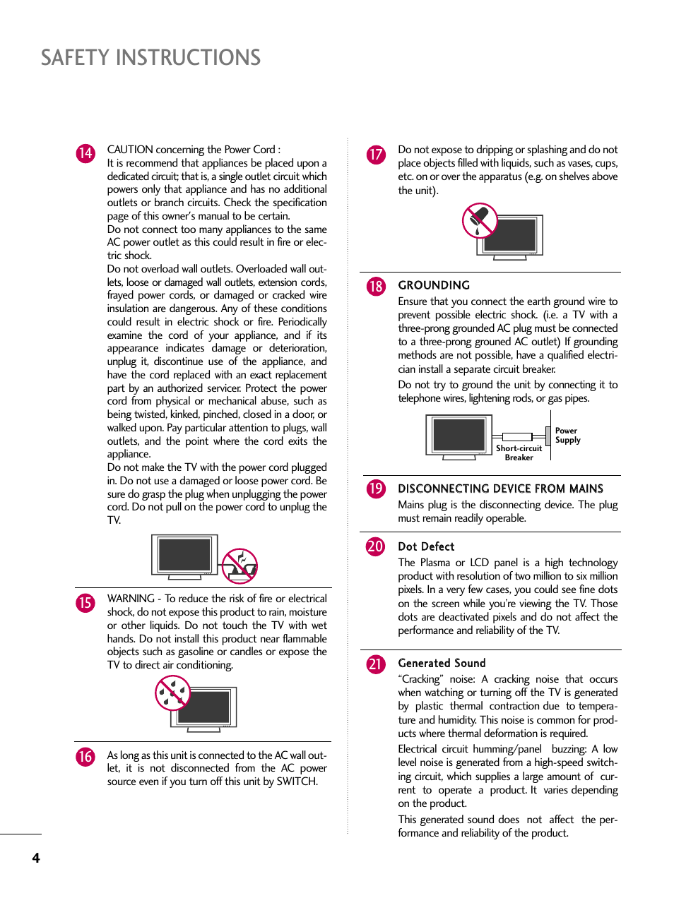 Safety instructions | LG 19LD350 User Manual | Page 4 / 134