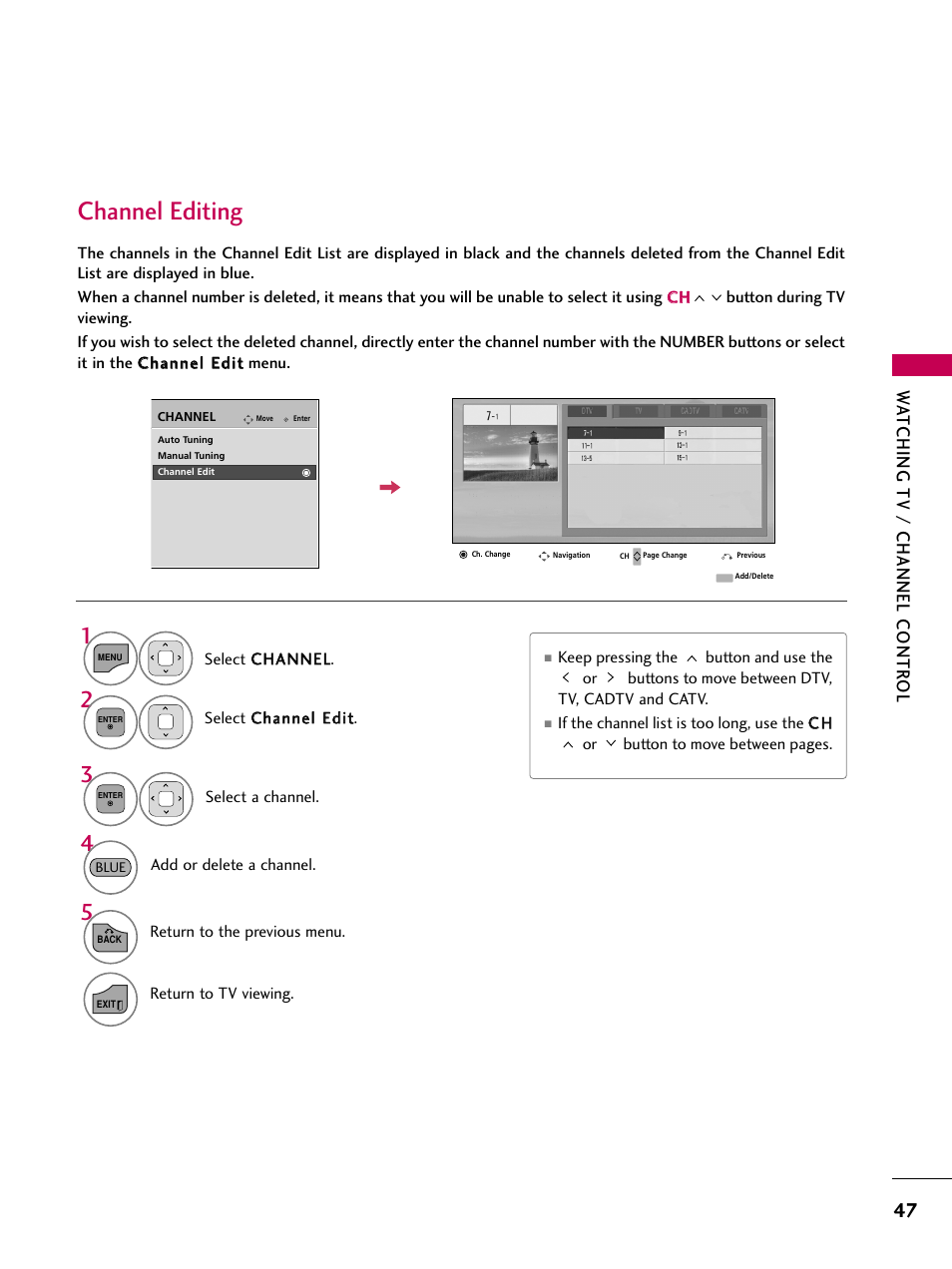 Channel editing, Watching tv / channel contr ol | LG 19LD350 User Manual | Page 47 / 134