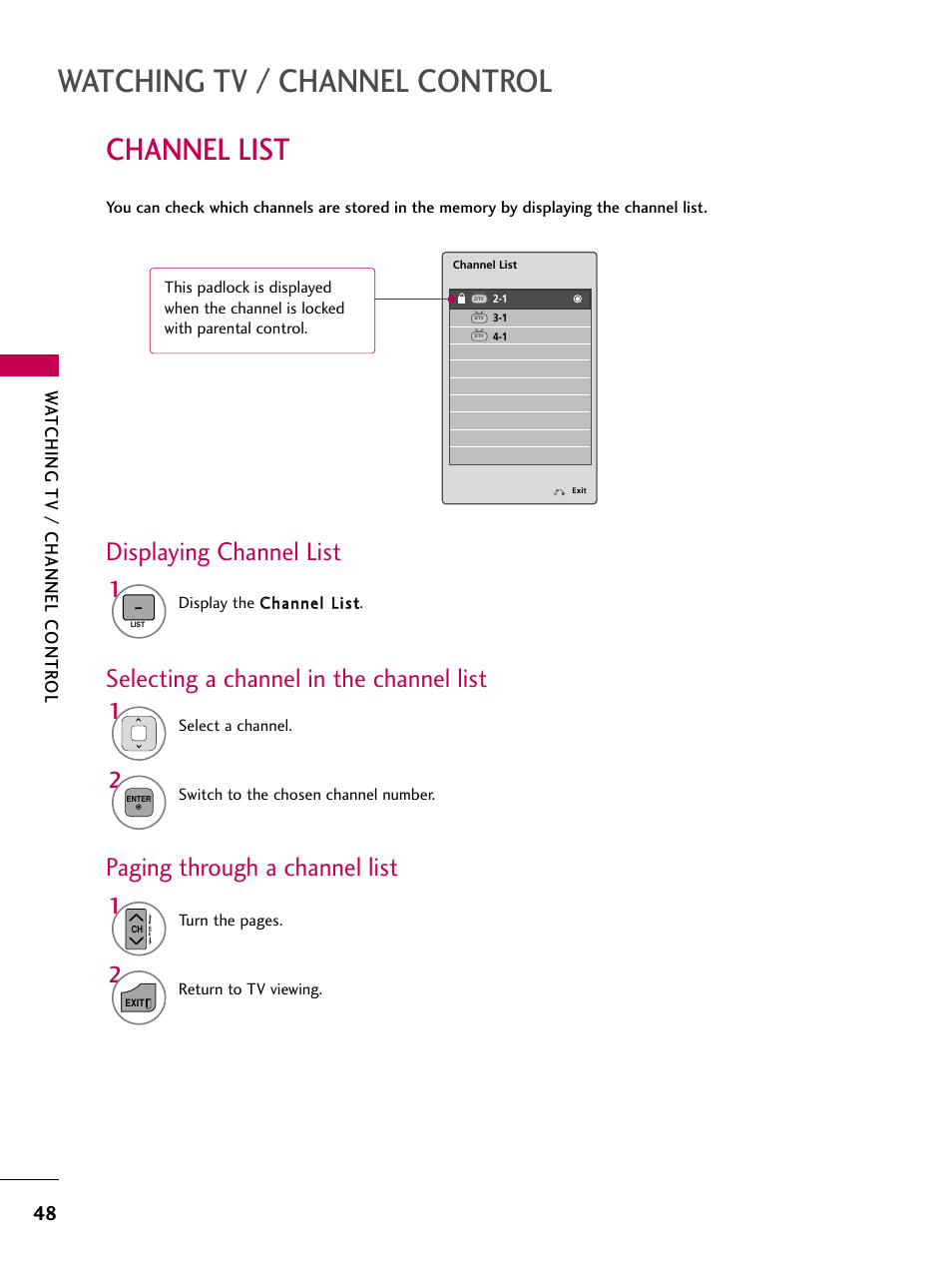 Channel list, Watching tv / channel control, Displaying channel list | Selecting a channel in the channel list, Paging through a channel list | LG 19LD350 User Manual | Page 48 / 134