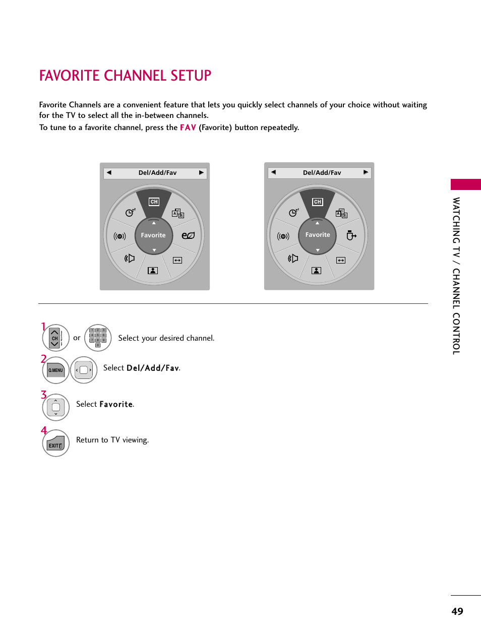 Favorite channel setup, Watching tv / channel contr ol, Select ffaavvo orriittee | Select your desired channel, Select d deell//a ad dd d//ffaavv. or | LG 19LD350 User Manual | Page 49 / 134