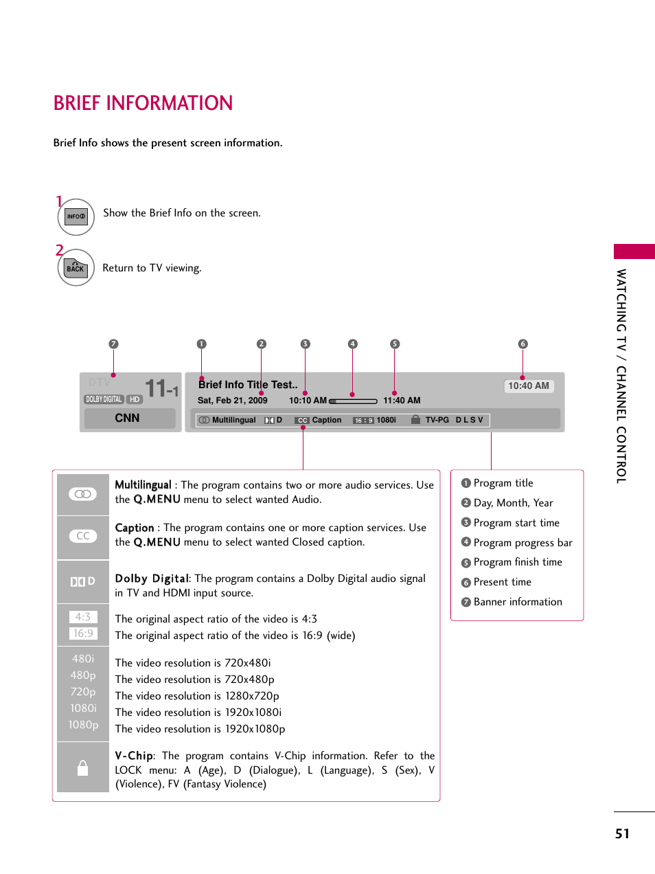 Brief information, Watching tv / channel contr ol | LG 19LD350 User Manual | Page 51 / 134