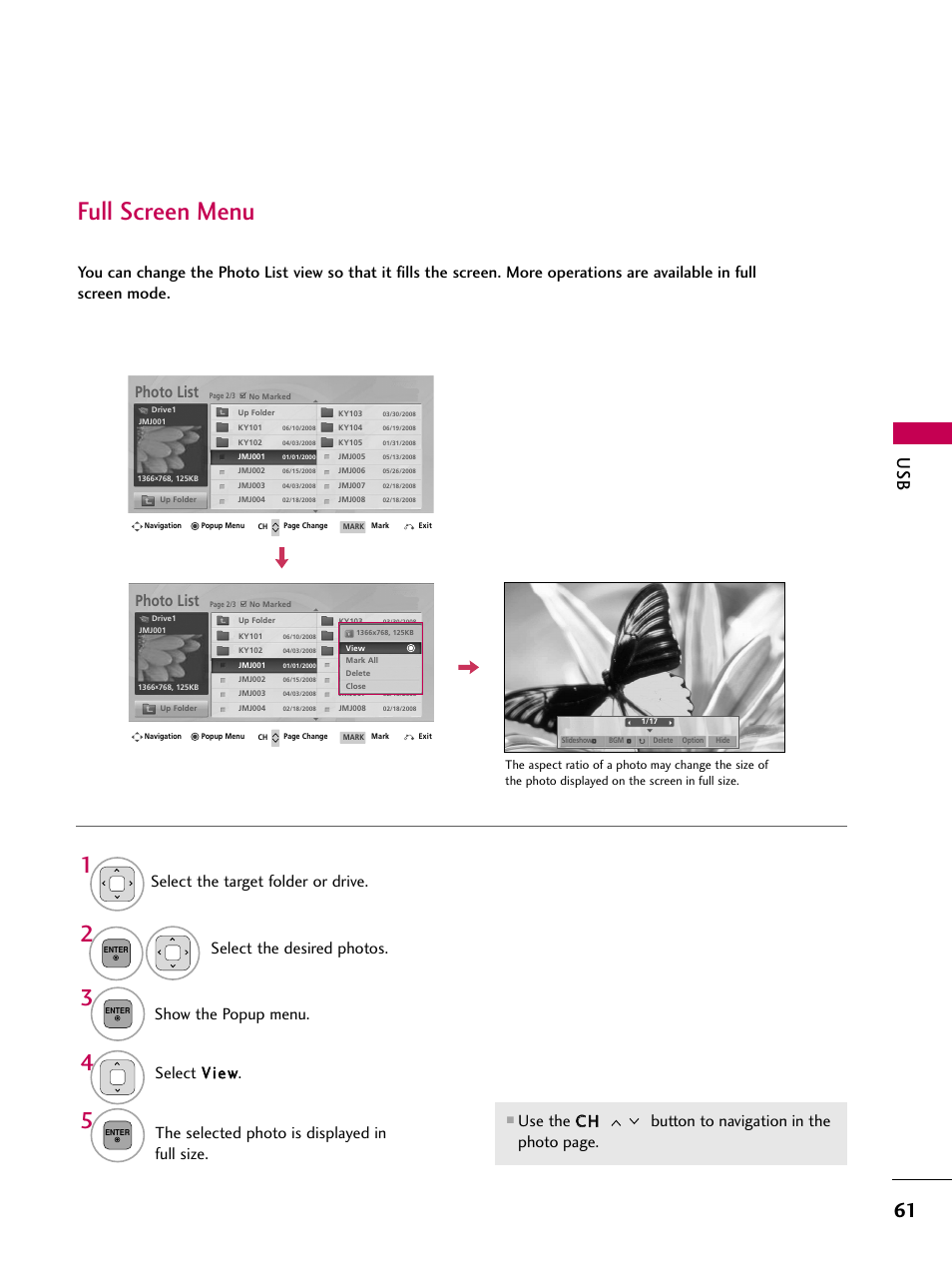 Full screen menu, Photo list | LG 19LD350 User Manual | Page 61 / 134