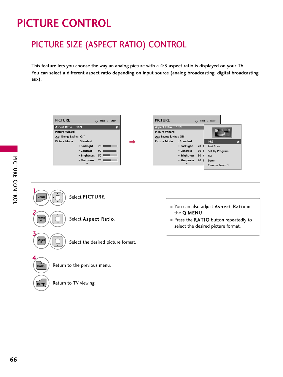 Picture control, Picture size (aspect ratio) control, Picture contr ol | LG 19LD350 User Manual | Page 66 / 134