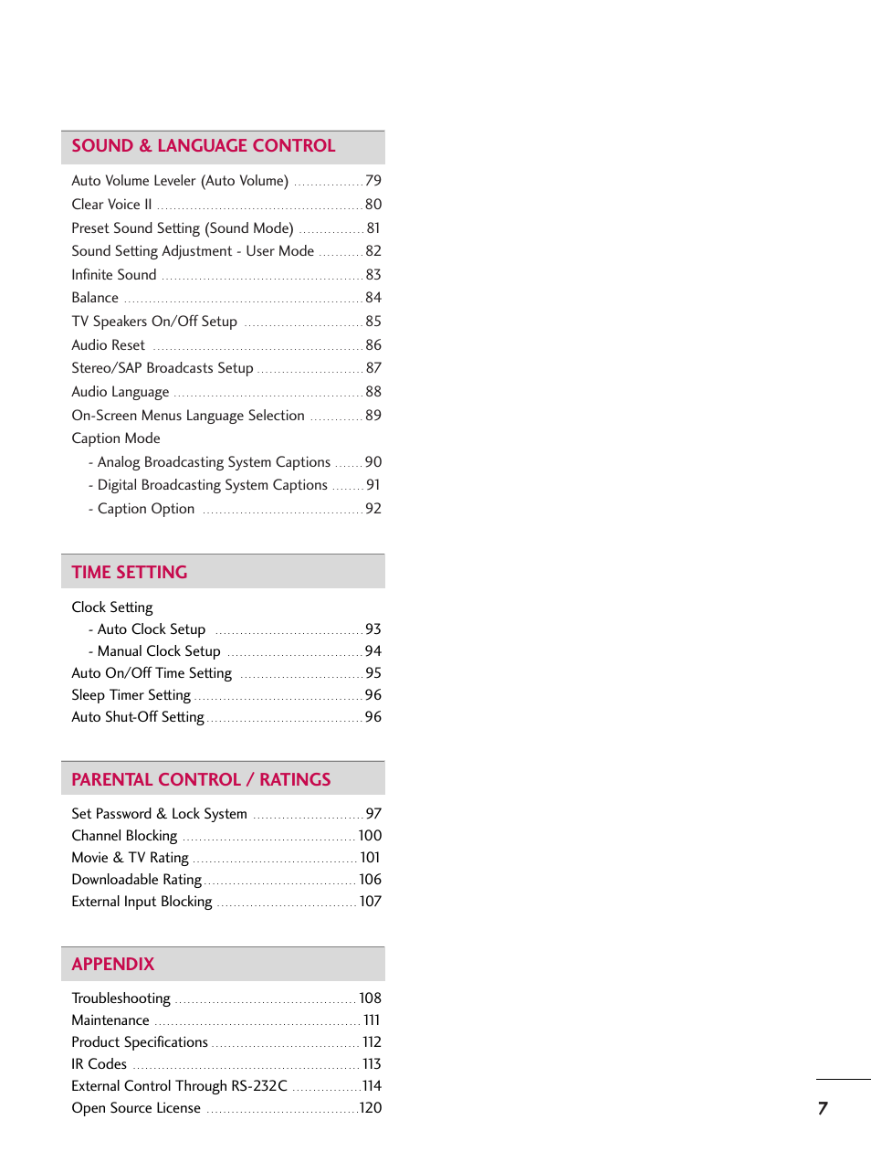 7sound & language control, Time setting, Parental control / ratings | Appendix | LG 19LD350 User Manual | Page 7 / 134