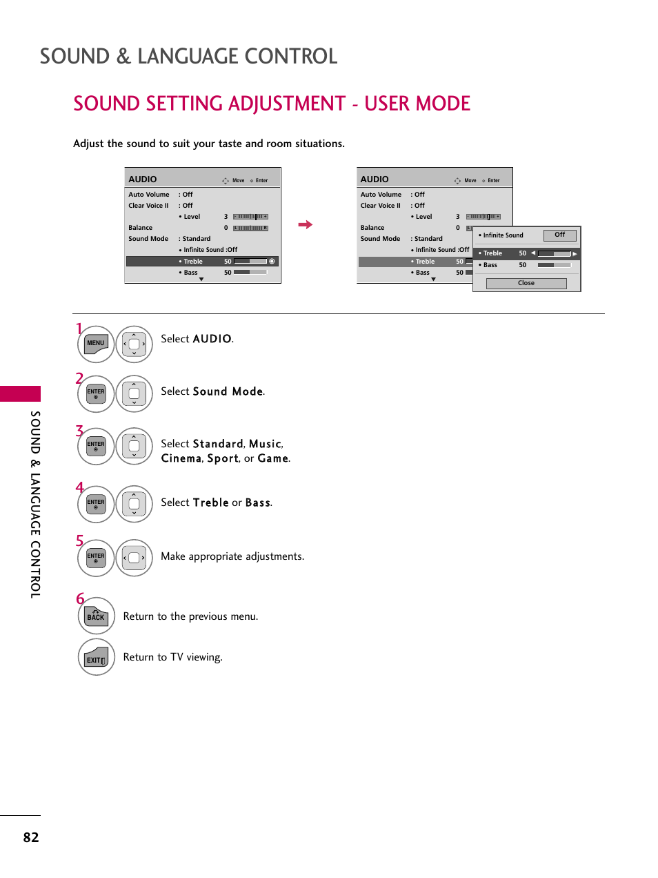 Sound setting adjustment - user mode, Sound & language control, Sound & langu a ge contr ol | Return to the previous menu, Return to tv viewing, Make appropriate adjustments | LG 19LD350 User Manual | Page 82 / 134