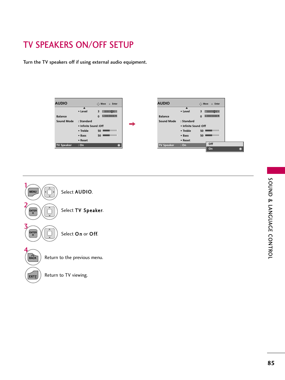 Tv speakers on/off setup, Sound & langu a ge contr ol, Return to the previous menu | Return to tv viewing | LG 19LD350 User Manual | Page 85 / 134