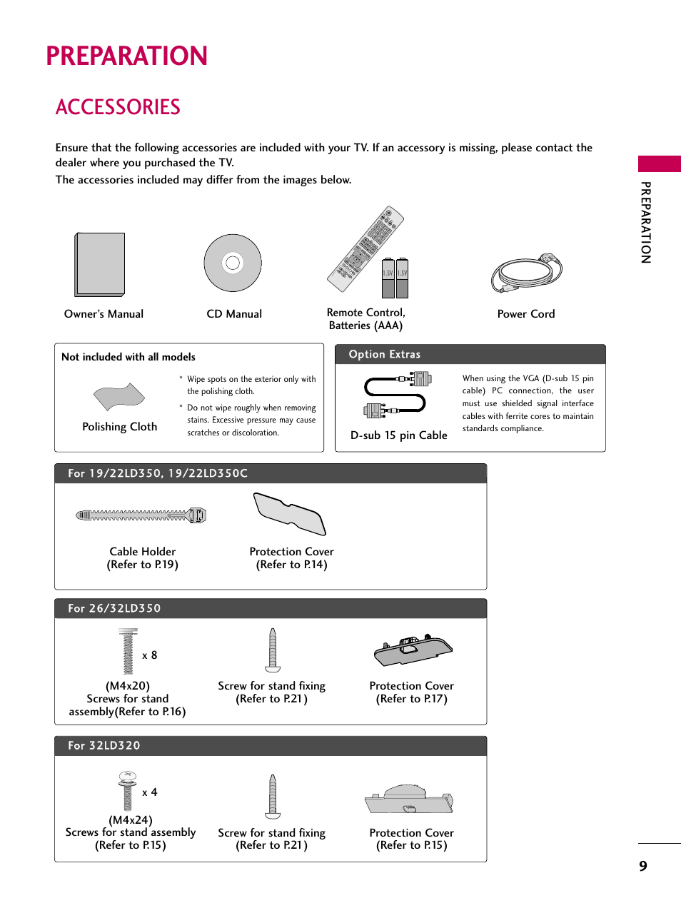 Preparation, Accessories, Prep ar ation | LG 19LD350 User Manual | Page 9 / 134
