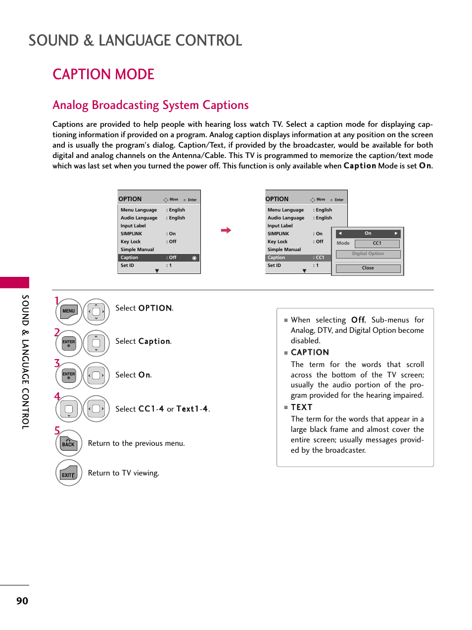 Caption mode, Analog broadcasting system captions, Sound & language control | Sound & langu a ge contr ol | LG 19LD350 User Manual | Page 90 / 134