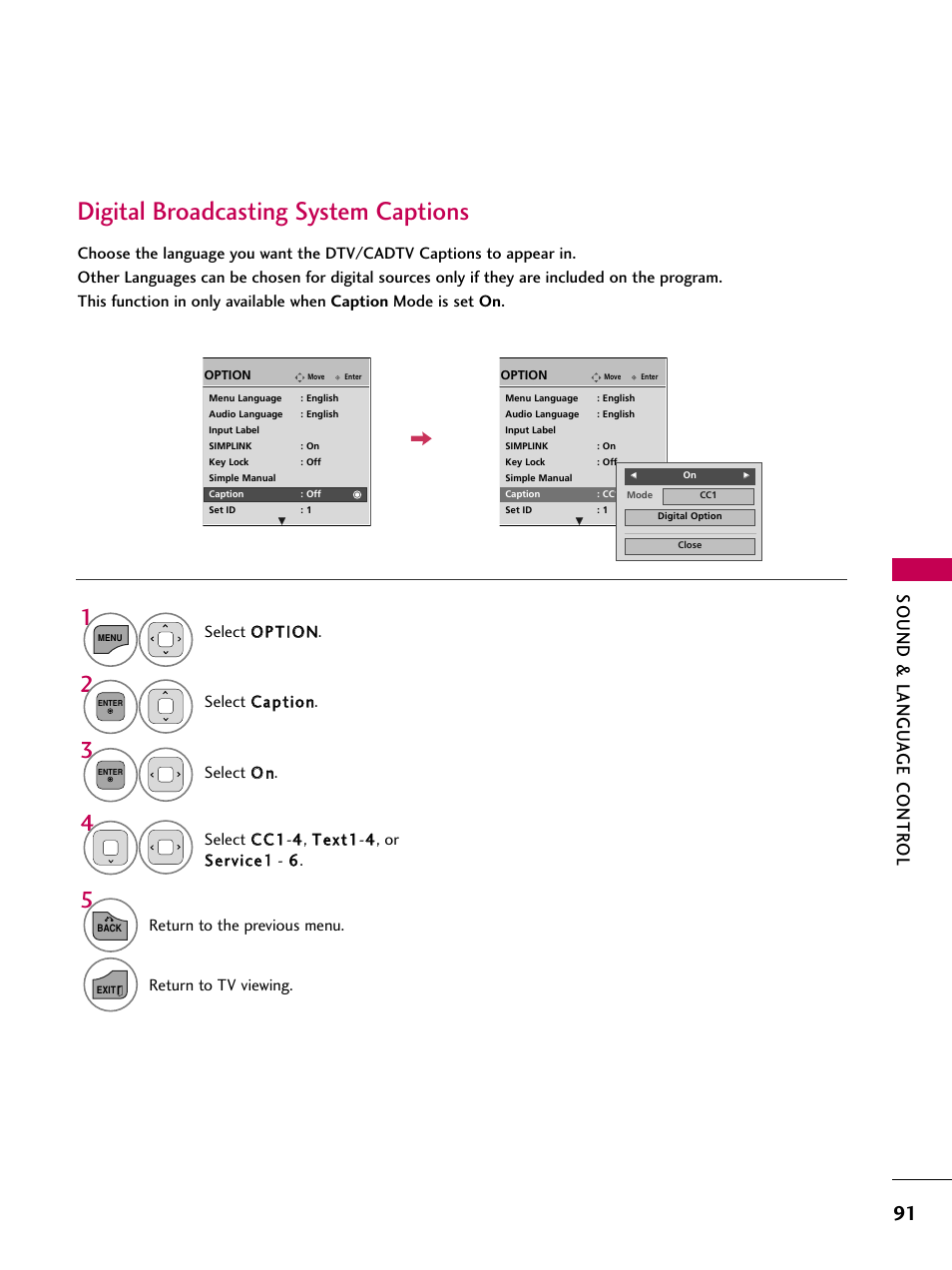 Digital broadcasting system captions, Sound & langu a ge contr ol | LG 19LD350 User Manual | Page 91 / 134