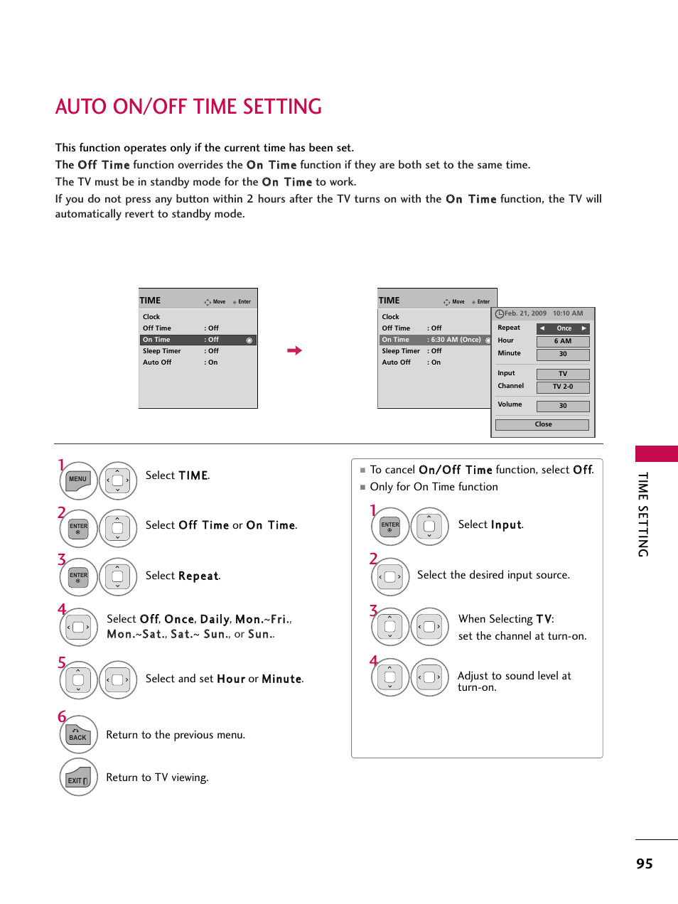 Auto on/off time setting, Time setting | LG 19LD350 User Manual | Page 95 / 134