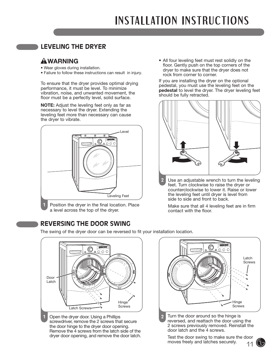 Leveling the dryer, Reversing the door swing, Warning | LG DLGX5966W User Manual | Page 11 / 88