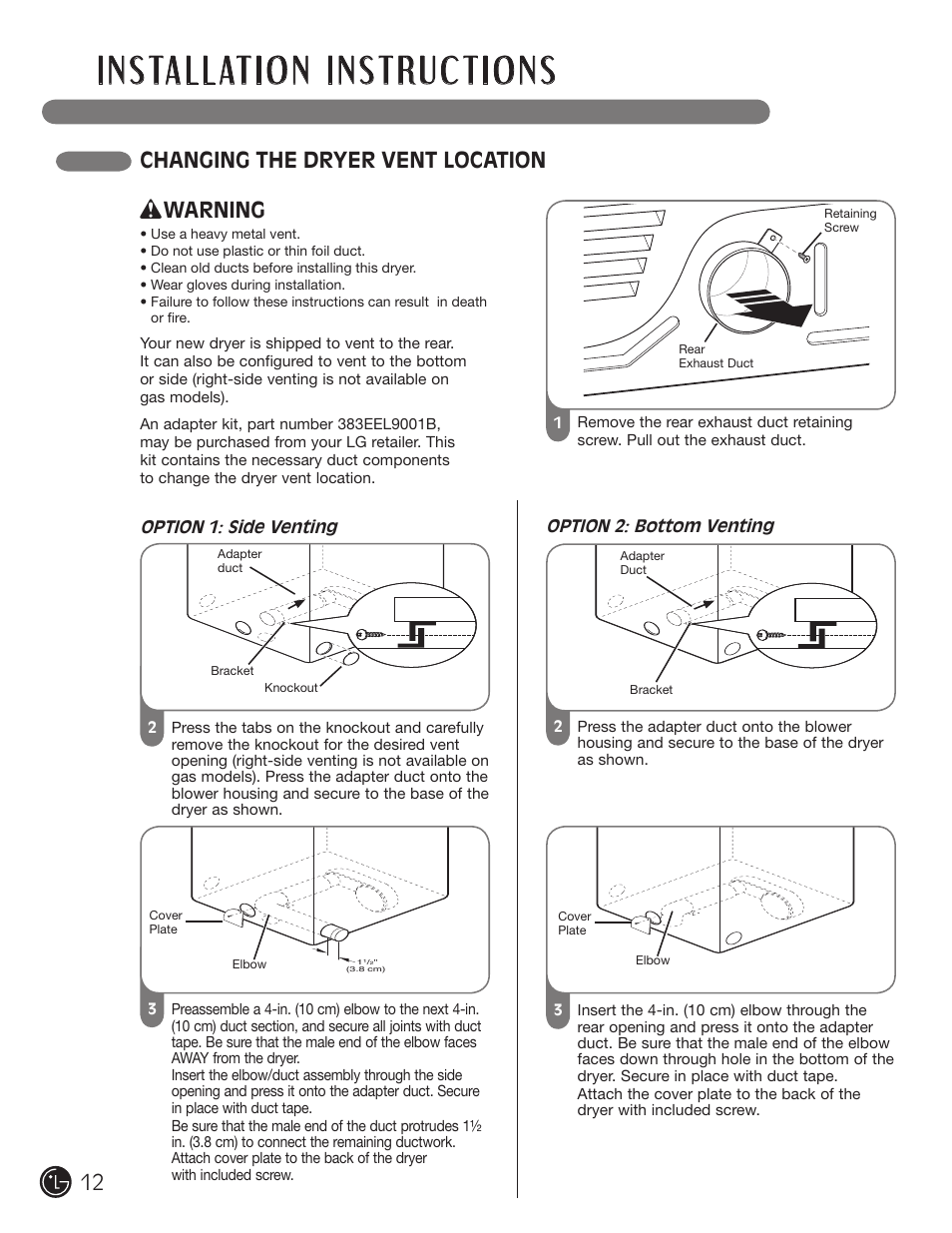 Changing the dryer vent location, Warning | LG DLGX5966W User Manual | Page 12 / 88