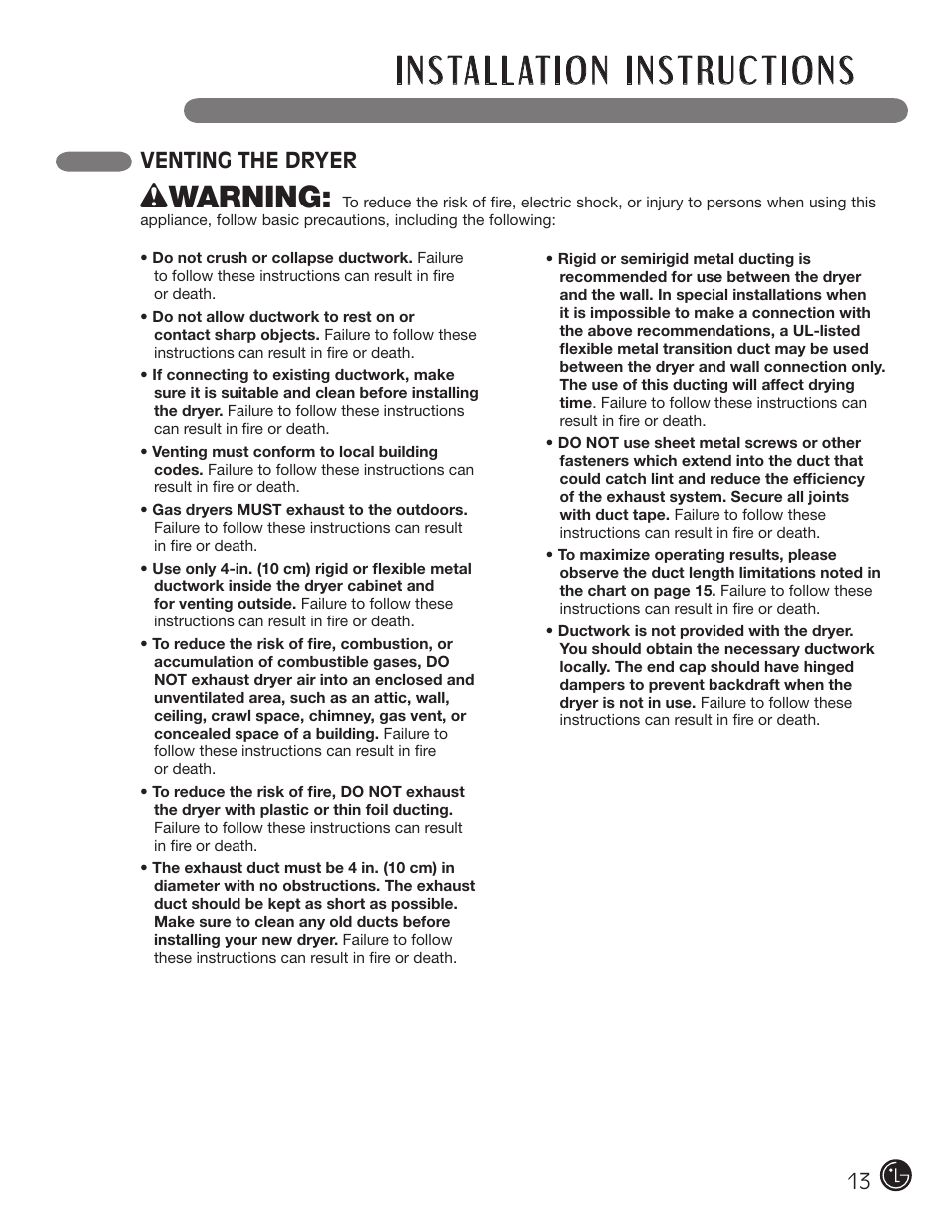 Wwarning, Venting the dryer | LG DLGX5966W User Manual | Page 13 / 88