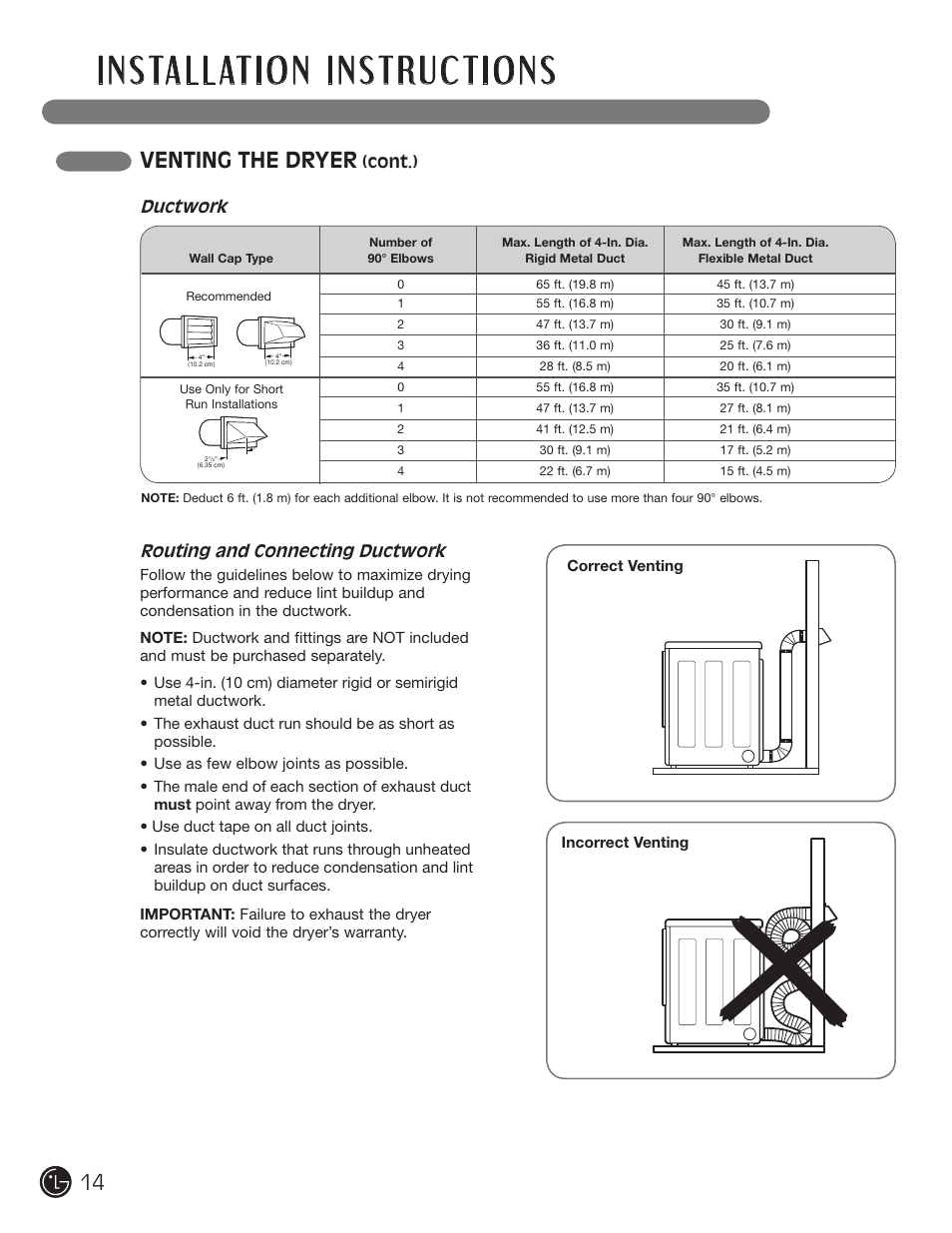 Venting the dryer, Routing and connecting ductwork, Cont.) | Ductwork | LG DLGX5966W User Manual | Page 14 / 88
