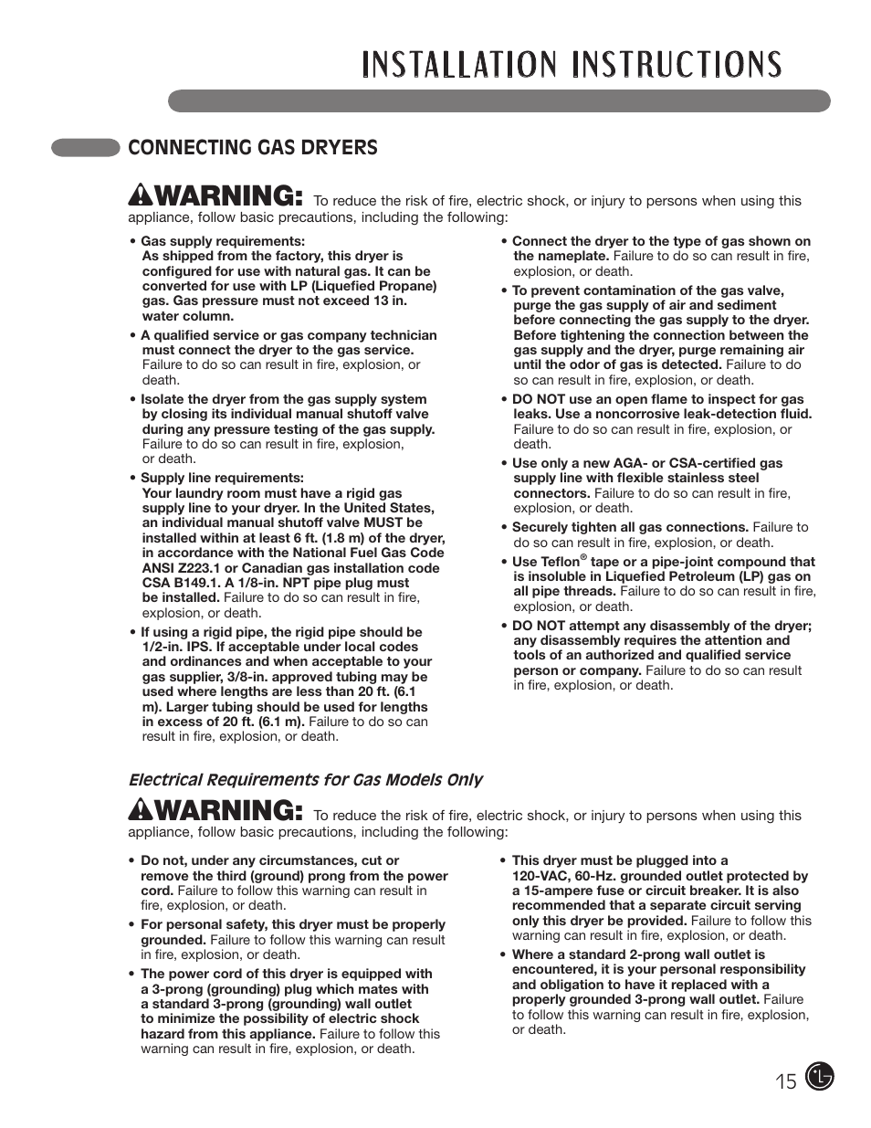Wwarning, Connecting gas dryers | LG DLGX5966W User Manual | Page 15 / 88